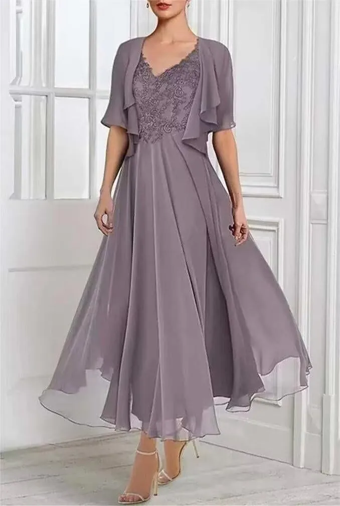 Womens Chiffon Tea Length Mother of The Bride Dresses with Jacket V Neck Formal Evening Gown with Pockets XMD2