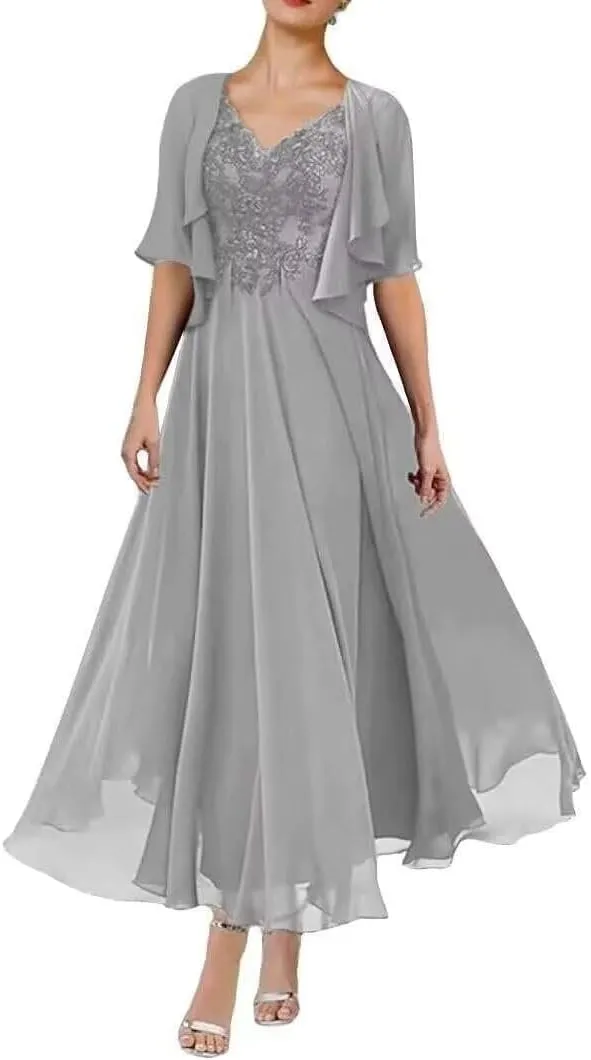 Womens Chiffon Tea Length Mother of The Bride Dresses with Jacket V Neck Formal Evening Gown with Pockets XMD2