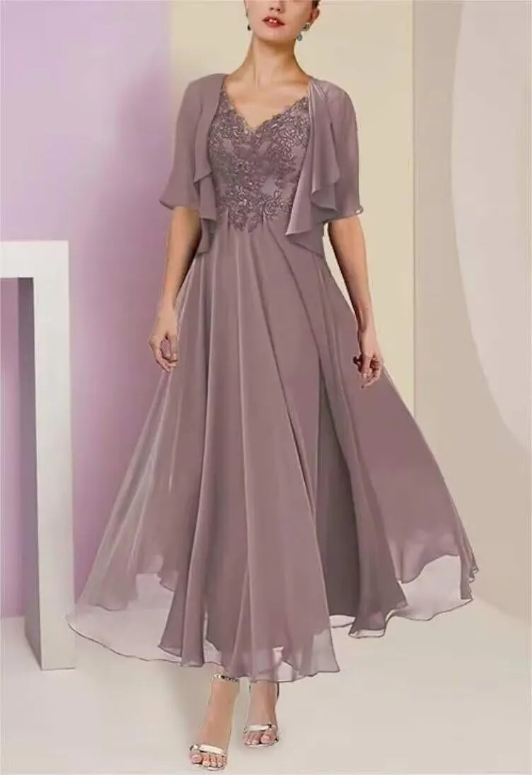 Womens Chiffon Tea Length Mother of The Bride Dresses with Jacket V Neck Formal Evening Gown with Pockets XMD2