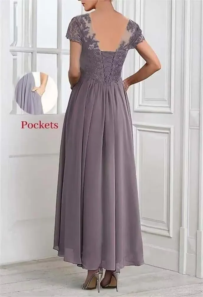 Womens Chiffon Tea Length Mother of The Bride Dresses with Jacket V Neck Formal Evening Gown with Pockets XMD2
