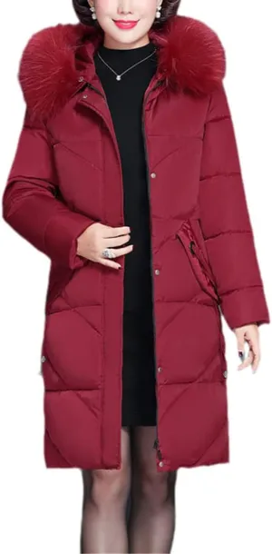 Women's Color Fur Collar Long Winter Jacket Hooded Down Cotton Coat Padded Warm Jacket Cotton Padded Coat