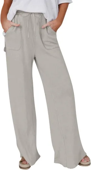 Women's Cotton Linen Drawstring High Waisted Pants Casual Loose Wide Leg Pants Plus Size Summer Trousers with Pockets