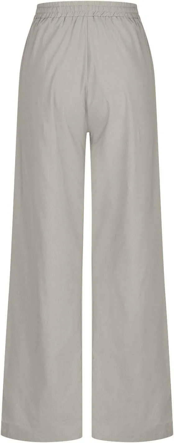 Women's Cotton Linen Drawstring High Waisted Pants Casual Loose Wide Leg Pants Plus Size Summer Trousers with Pockets
