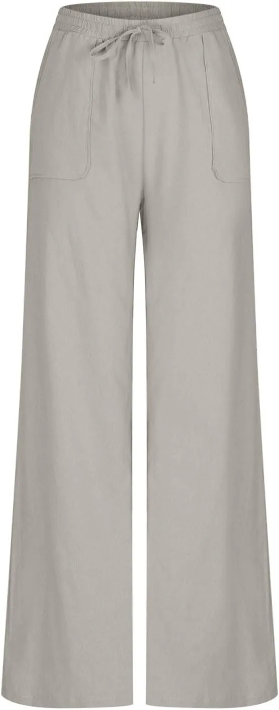 Women's Cotton Linen Drawstring High Waisted Pants Casual Loose Wide Leg Pants Plus Size Summer Trousers with Pockets