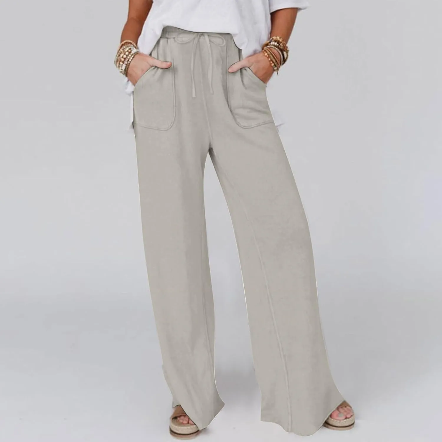 Women's Cotton Linen Drawstring High Waisted Pants Casual Loose Wide Leg Pants Plus Size Summer Trousers with Pockets