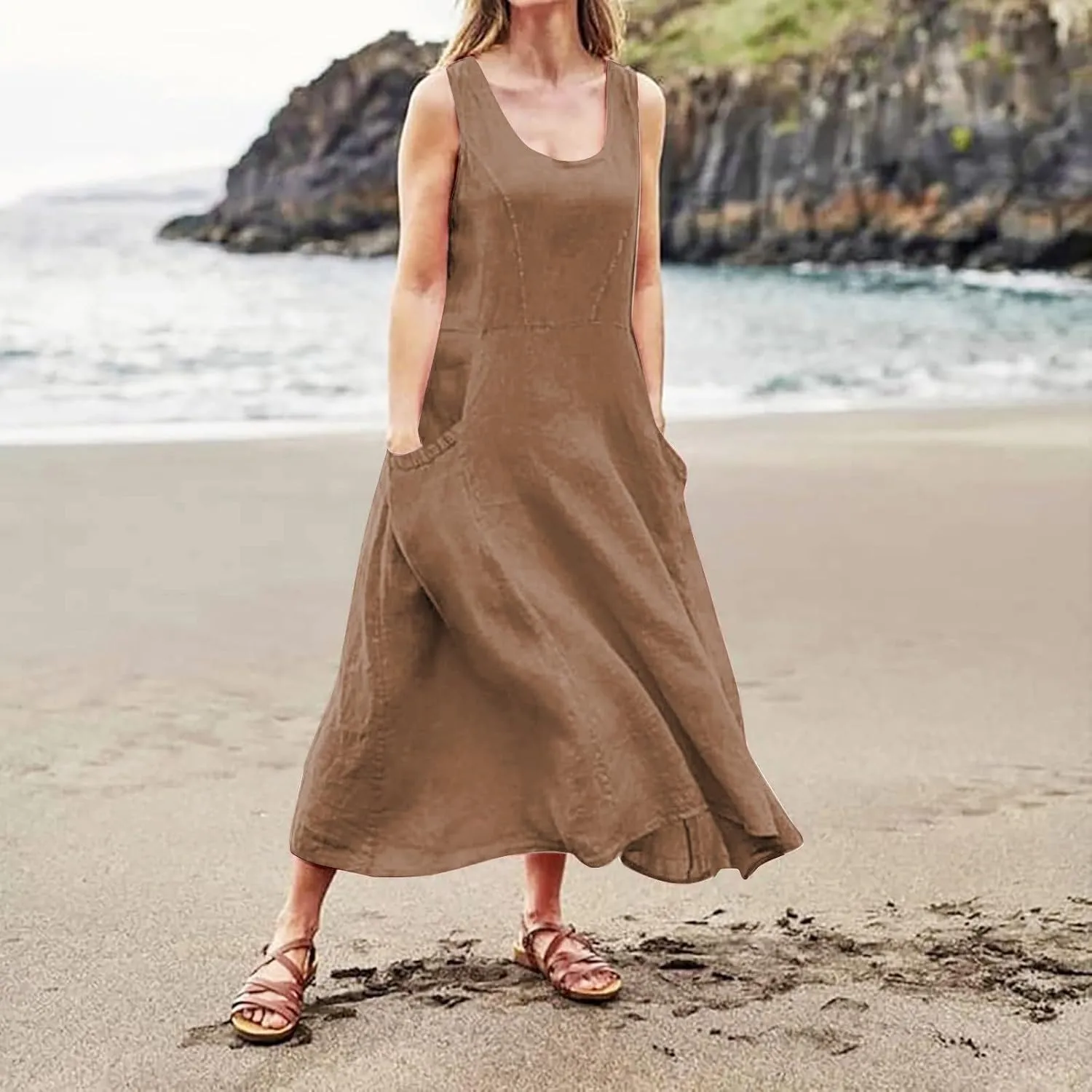 Womens Cotton Linen Sundress 2025 Plus Size Maxi Dresses for Curvy Women Summer Beach Vacation Tank Dress with Pockets