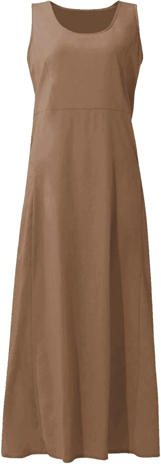 Womens Cotton Linen Sundress 2025 Plus Size Maxi Dresses for Curvy Women Summer Beach Vacation Tank Dress with Pockets