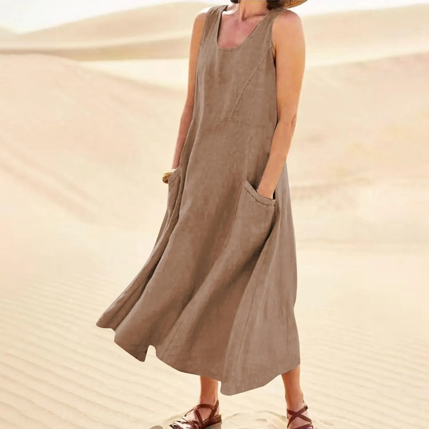 Womens Cotton Linen Sundress 2025 Plus Size Maxi Dresses for Curvy Women Summer Beach Vacation Tank Dress with Pockets