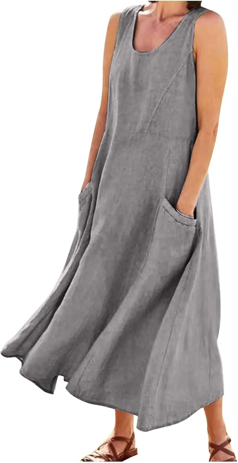 Womens Cotton Linen Sundress 2025 Plus Size Maxi Dresses for Curvy Women Summer Beach Vacation Tank Dress with Pockets