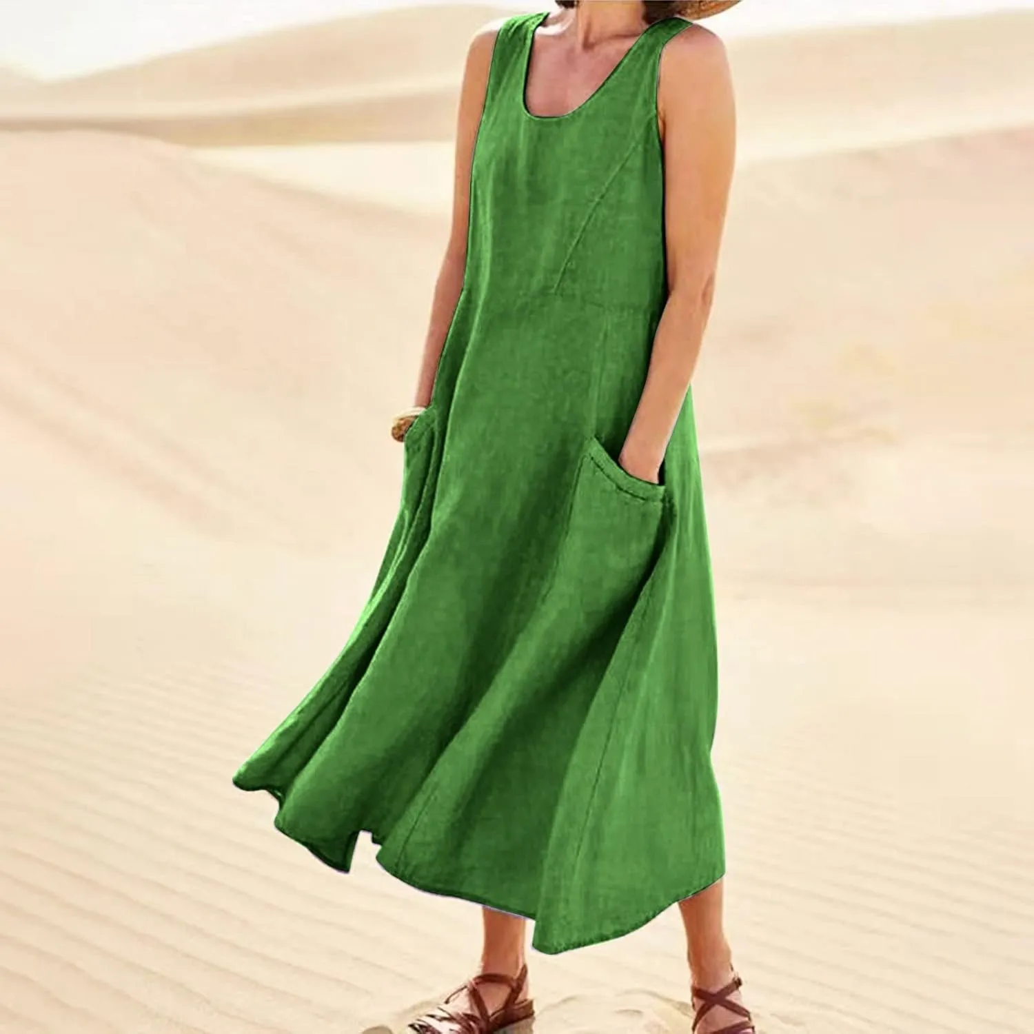 Womens Cotton Linen Sundress 2025 Plus Size Maxi Dresses for Curvy Women Summer Beach Vacation Tank Dress with Pockets