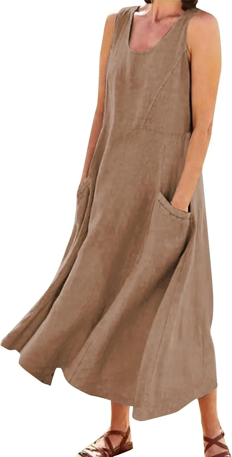 Womens Cotton Linen Sundress 2025 Plus Size Maxi Dresses for Curvy Women Summer Beach Vacation Tank Dress with Pockets