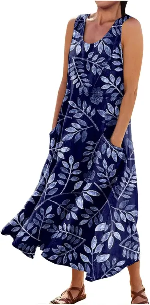 Womens Cotton Linen Sundress 2025 Plus Size Maxi Dresses for Curvy Women Summer Beach Vacation Tank Dress with Pockets