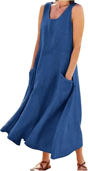 Womens Cotton Linen Sundress 2025 Plus Size Maxi Dresses for Curvy Women Summer Beach Vacation Tank Dress with Pockets