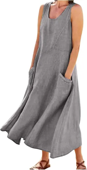 Womens Cotton Linen Sundress 2025 Plus Size Maxi Dresses for Curvy Women Summer Beach Vacation Tank Dress with Pockets