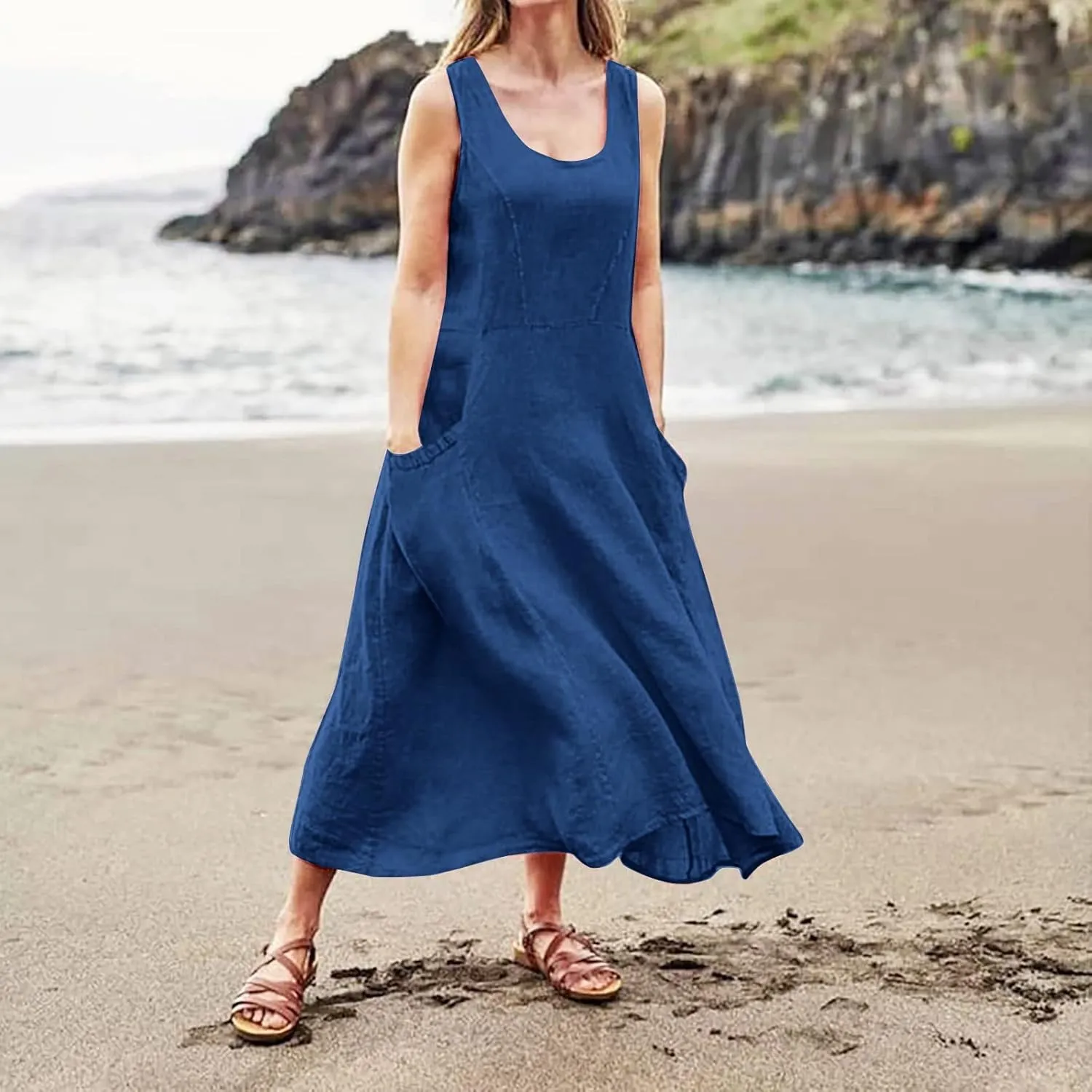 Womens Cotton Linen Sundress 2025 Plus Size Maxi Dresses for Curvy Women Summer Beach Vacation Tank Dress with Pockets