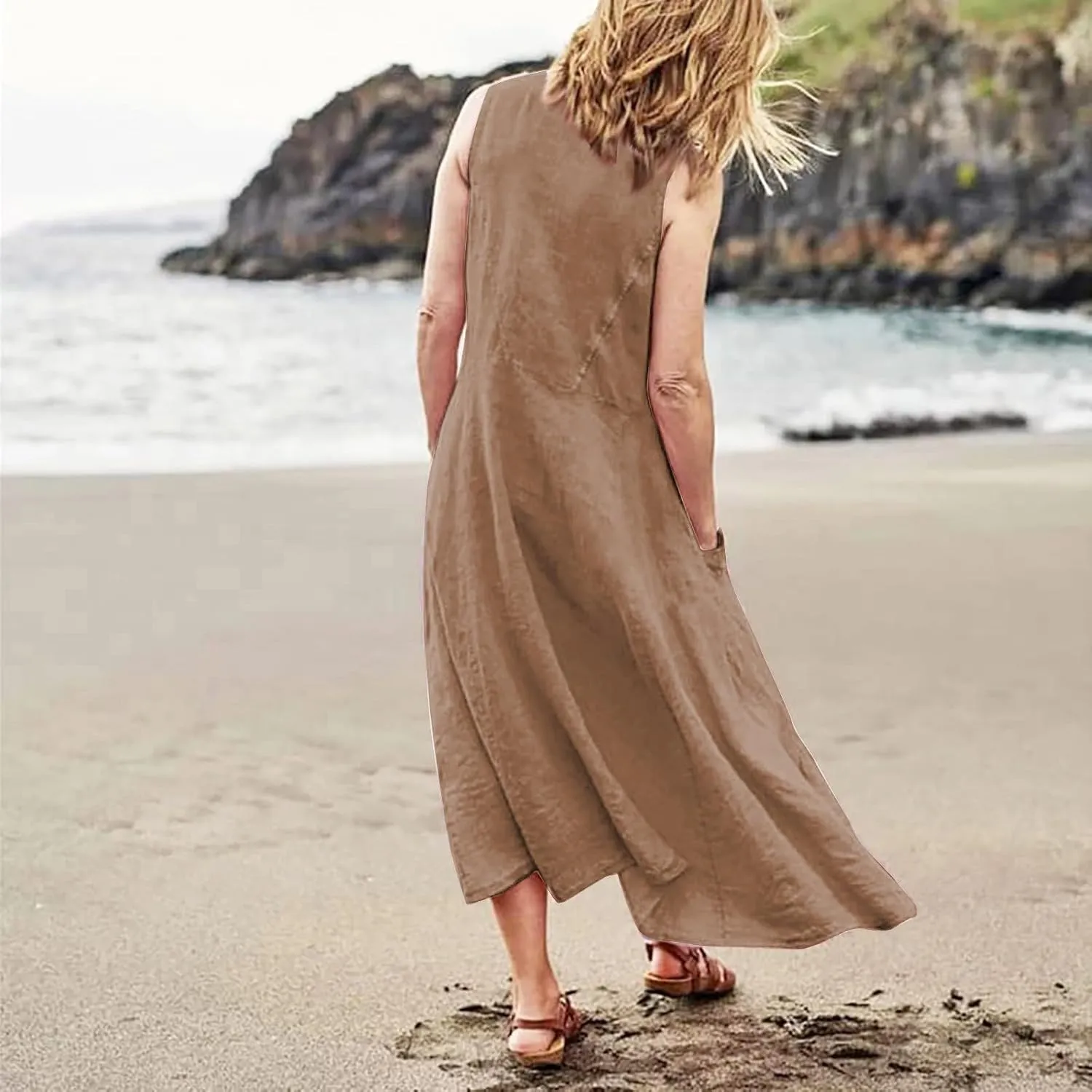 Womens Cotton Linen Sundress 2025 Plus Size Maxi Dresses for Curvy Women Summer Beach Vacation Tank Dress with Pockets