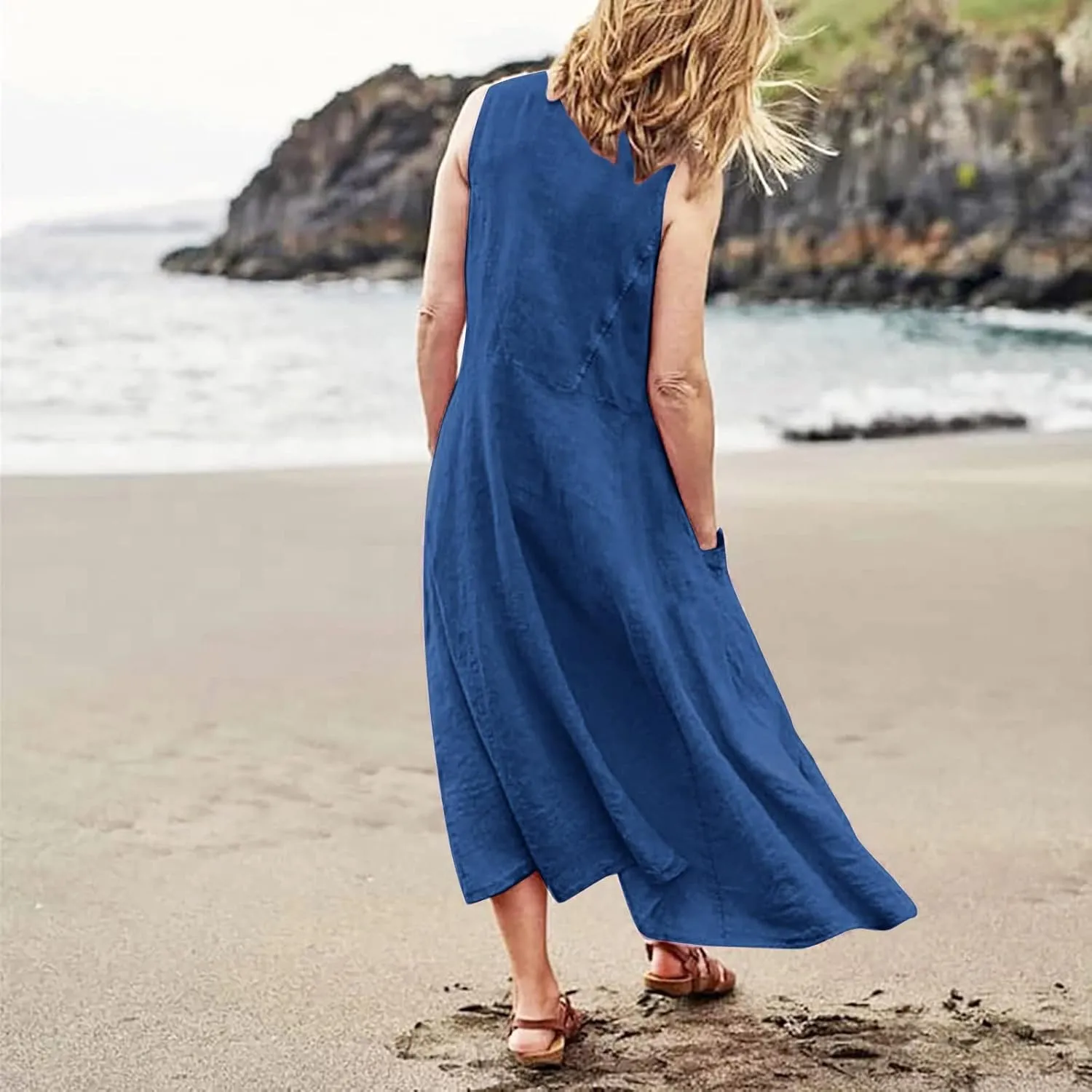 Womens Cotton Linen Sundress 2025 Plus Size Maxi Dresses for Curvy Women Summer Beach Vacation Tank Dress with Pockets