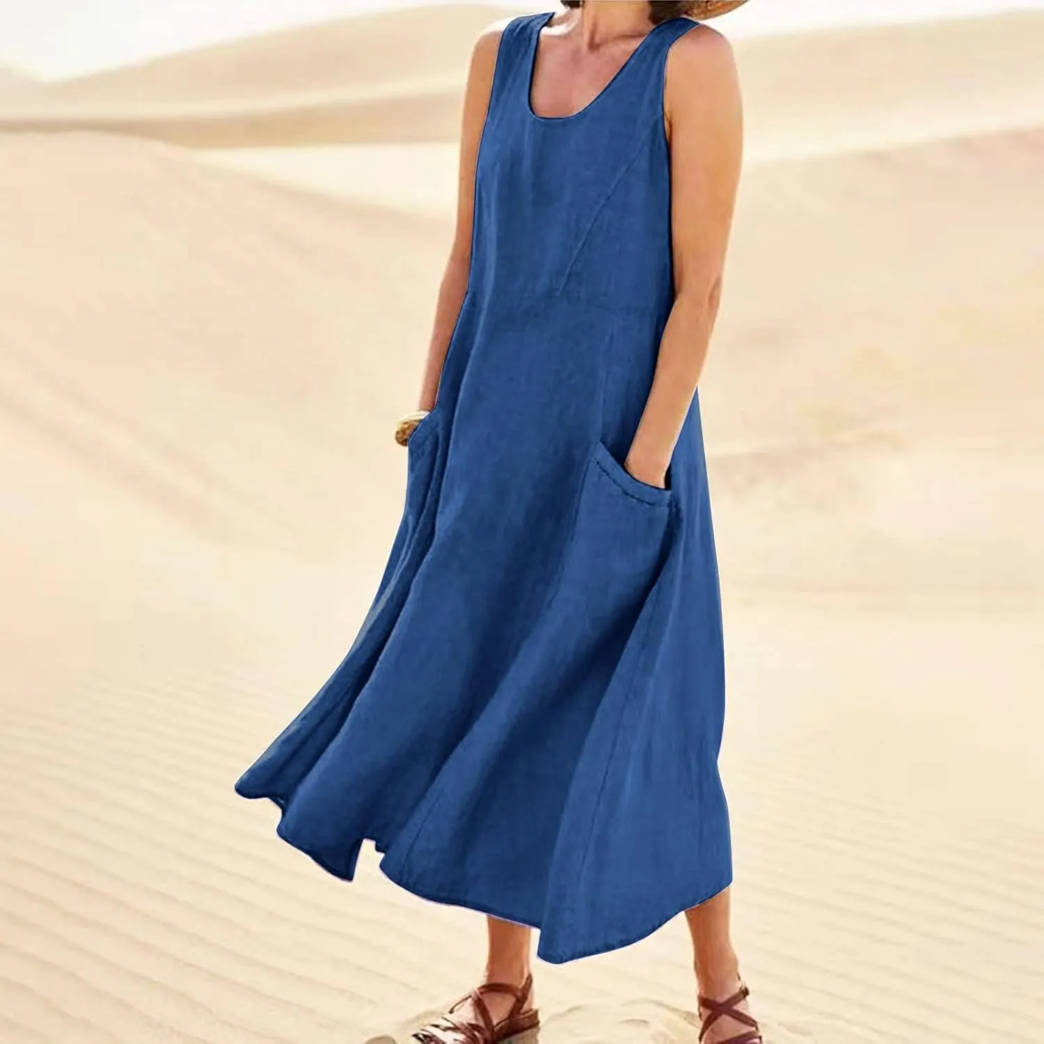 Womens Cotton Linen Sundress 2025 Plus Size Maxi Dresses for Curvy Women Summer Beach Vacation Tank Dress with Pockets