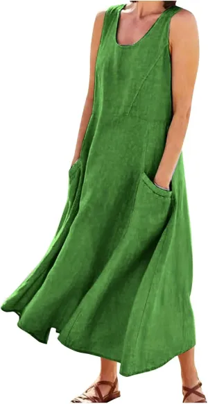 Womens Cotton Linen Sundress 2025 Plus Size Maxi Dresses for Curvy Women Summer Beach Vacation Tank Dress with Pockets
