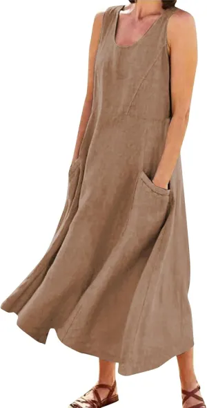 Womens Cotton Linen Sundress 2025 Plus Size Maxi Dresses for Curvy Women Summer Beach Vacation Tank Dress with Pockets