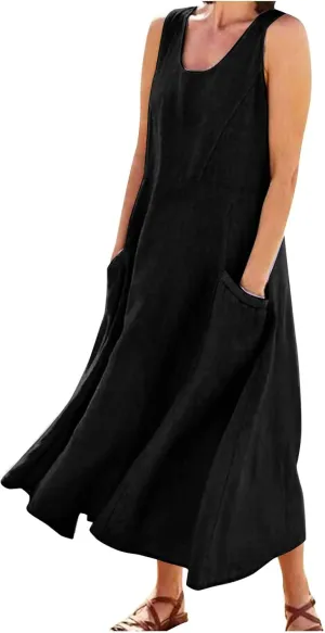 Womens Cotton Linen Sundress 2025 Plus Size Maxi Dresses for Curvy Women Summer Beach Vacation Tank Dress with Pockets