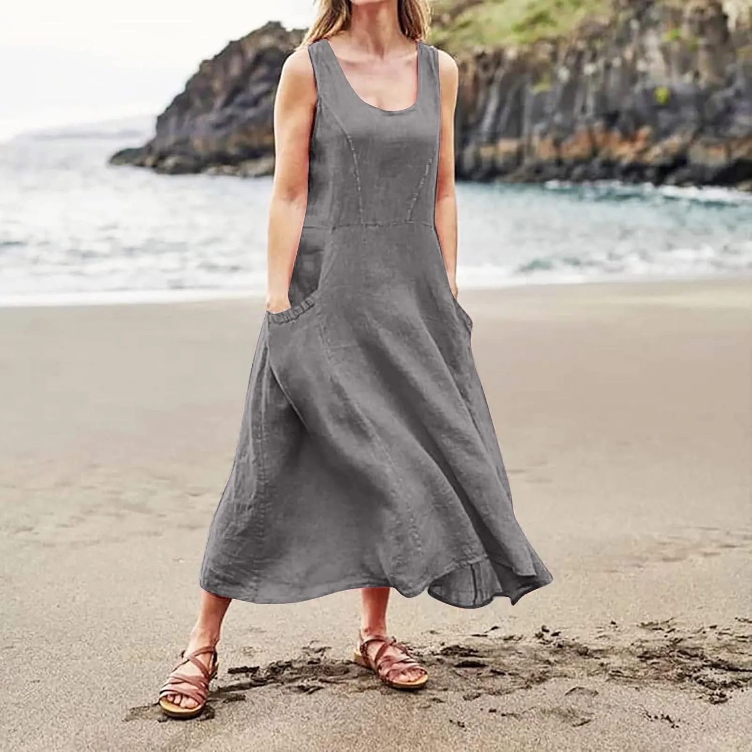 Womens Cotton Linen Sundress 2025 Plus Size Maxi Dresses for Curvy Women Summer Beach Vacation Tank Dress with Pockets