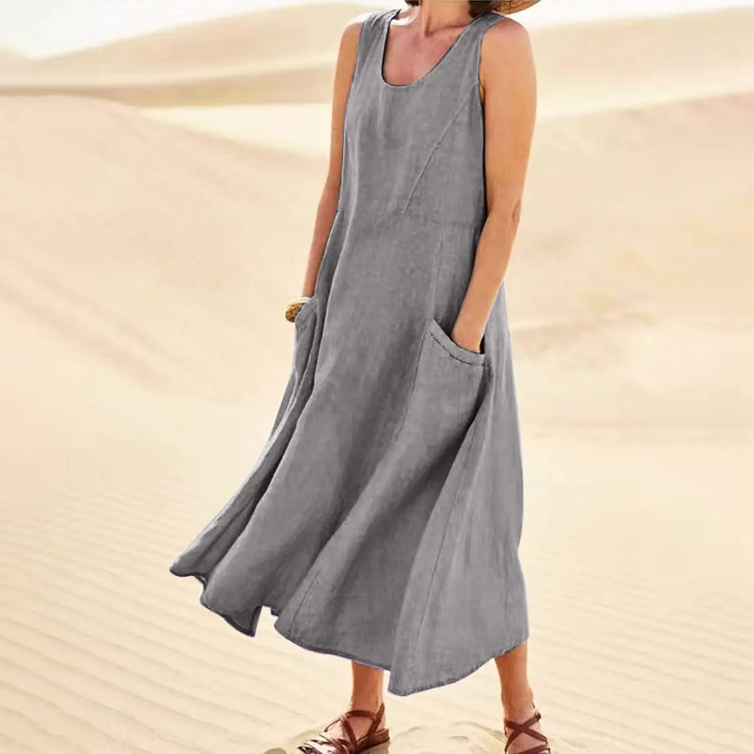Womens Cotton Linen Sundress 2025 Plus Size Maxi Dresses for Curvy Women Summer Beach Vacation Tank Dress with Pockets