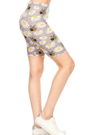 Womens Daisy Bee Biker Shorts, Long Bermuda Shorts, Sizes S-3xl, Gray/Yellow