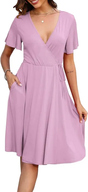 Women's Dress Casual Short Sleeve V-Neck Floral Party Dress with Pockets Split Elastic Waist Tie Mini Dresses