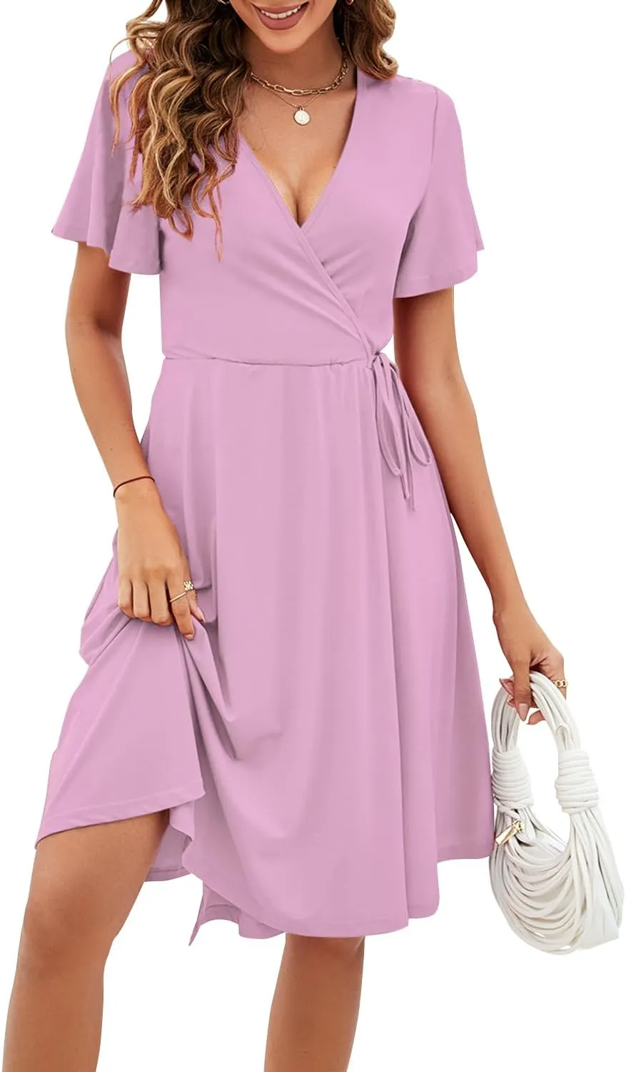 Women's Dress Casual Short Sleeve V-Neck Floral Party Dress with Pockets Split Elastic Waist Tie Mini Dresses