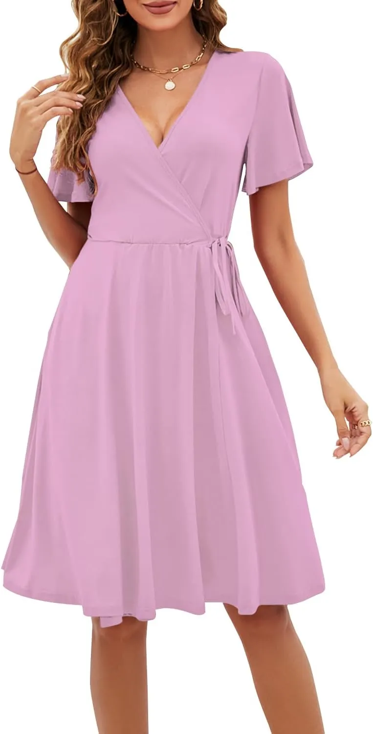 Women's Dress Casual Short Sleeve V-Neck Floral Party Dress with Pockets Split Elastic Waist Tie Mini Dresses