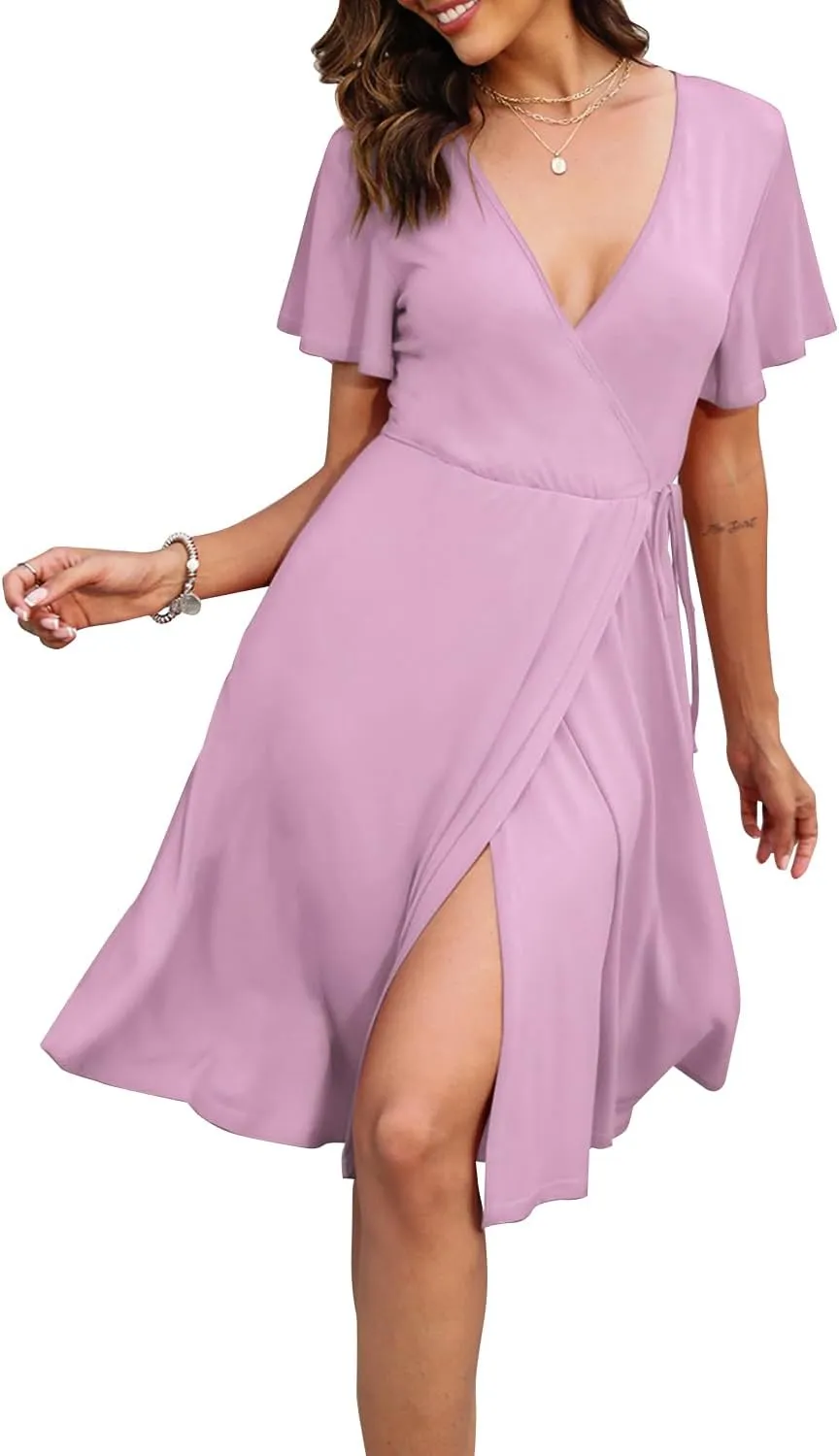 Women's Dress Casual Short Sleeve V-Neck Floral Party Dress with Pockets Split Elastic Waist Tie Mini Dresses