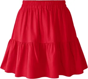 Womens Elastic High Waist Tiered Mini Skirt with Shorts Underneath Cute Boho Pleated Ruffle Skirt with Pockets