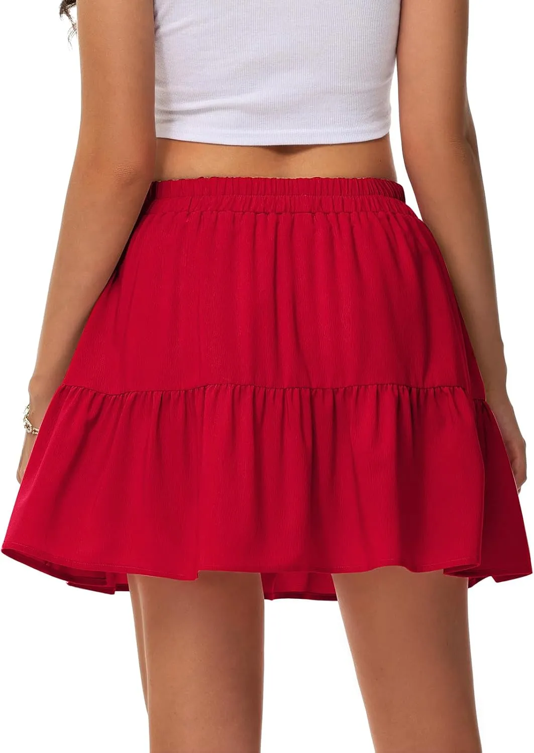 Womens Elastic High Waist Tiered Mini Skirt with Shorts Underneath Cute Boho Pleated Ruffle Skirt with Pockets