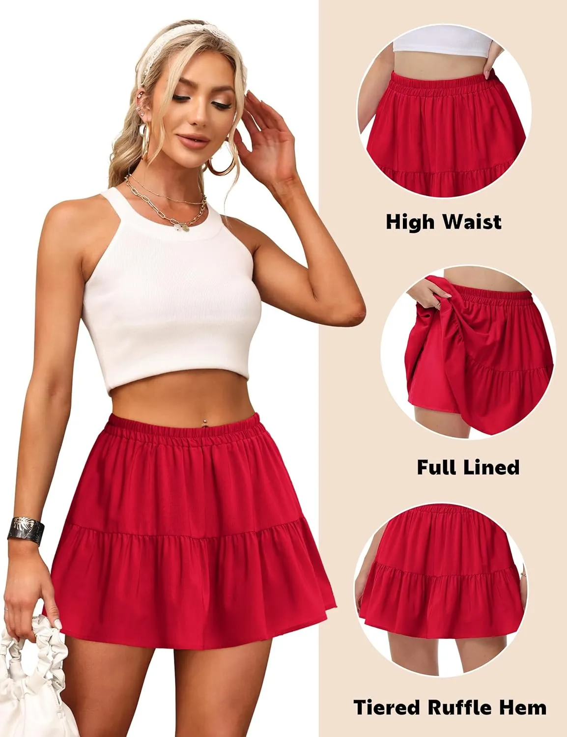 Womens Elastic High Waist Tiered Mini Skirt with Shorts Underneath Cute Boho Pleated Ruffle Skirt with Pockets