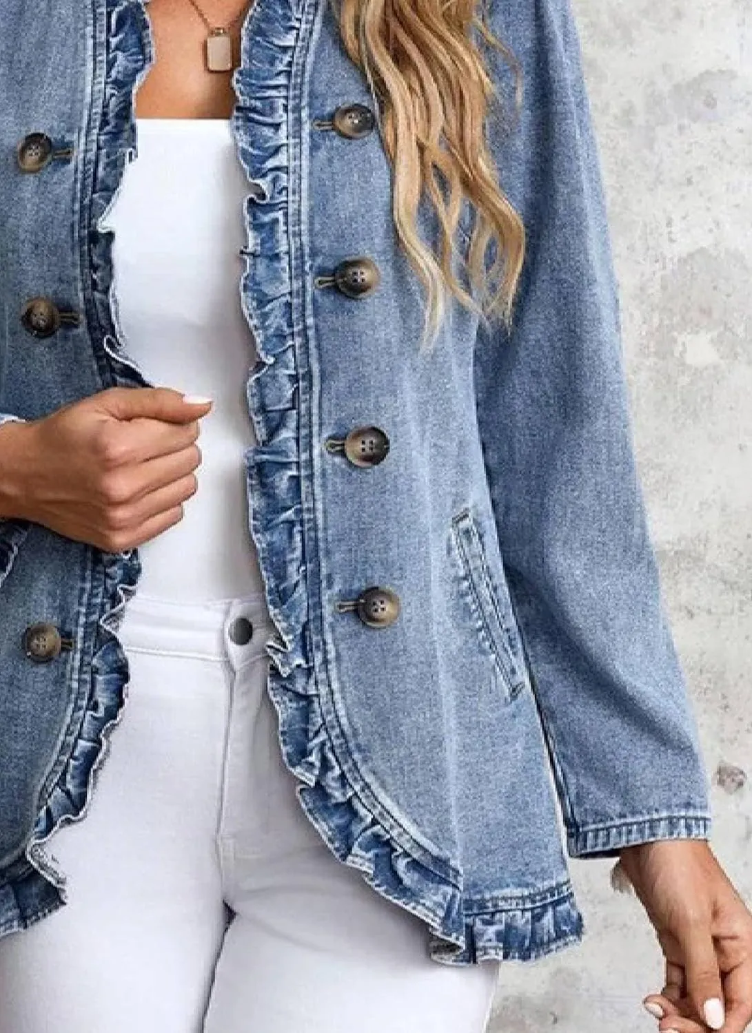 Women's Elegant Ruffled Denim Jacket Double Breasted Side Pockets Jean Coat 2025 Spring Casual Fashion Outwear