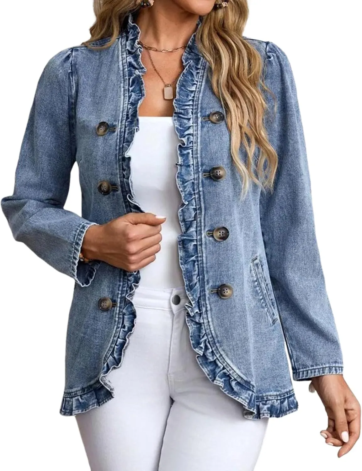 Women's Elegant Ruffled Denim Jacket Double Breasted Side Pockets Jean Coat 2025 Spring Casual Fashion Outwear