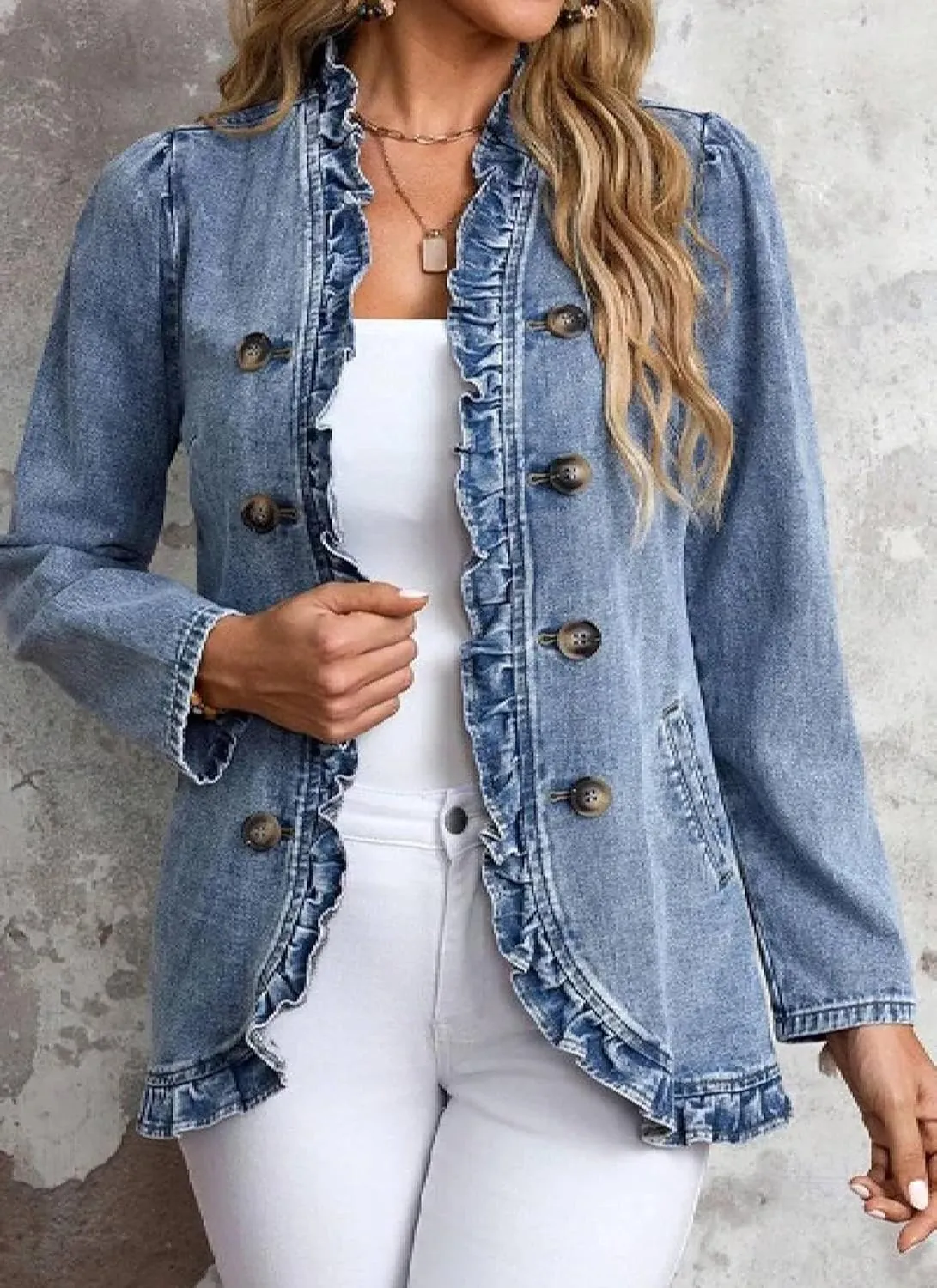 Women's Elegant Ruffled Denim Jacket Double Breasted Side Pockets Jean Coat 2025 Spring Casual Fashion Outwear