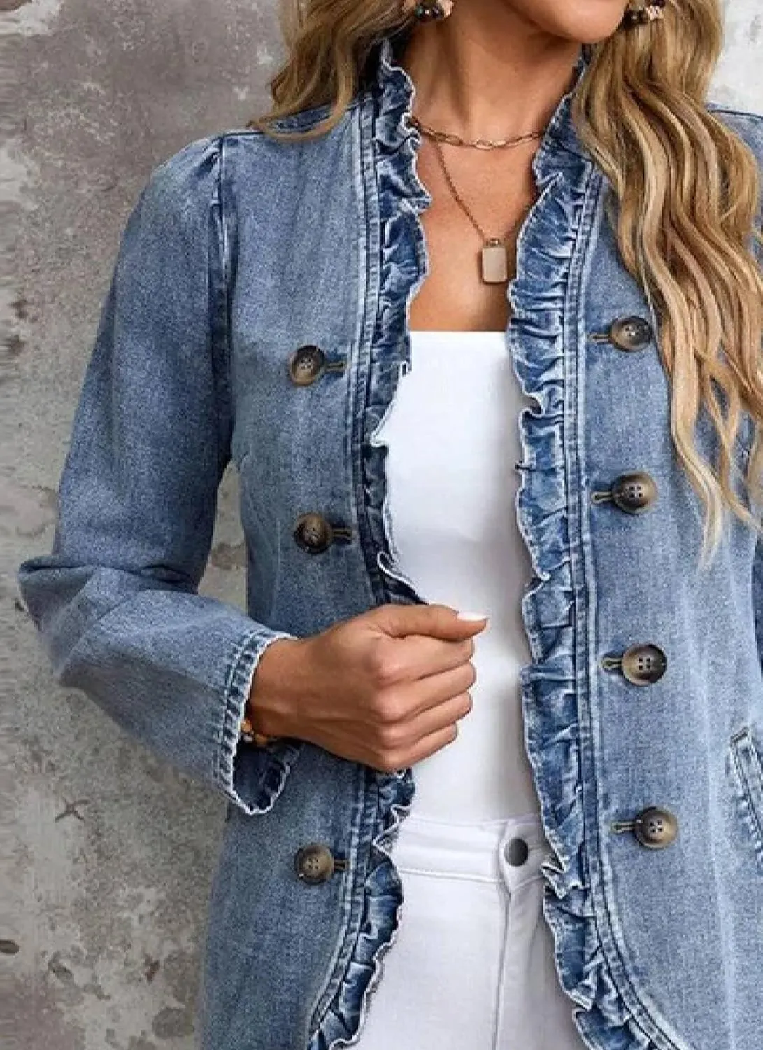 Women's Elegant Ruffled Denim Jacket Double Breasted Side Pockets Jean Coat 2025 Spring Casual Fashion Outwear