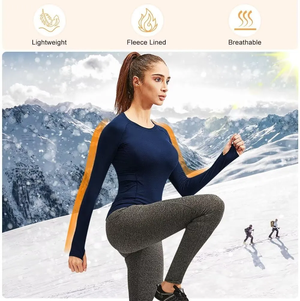 Women's Fleece Lined Thermal Long Sleeve Running Athletic Shirts Compression Base Layer Yoga Shirts for Women
