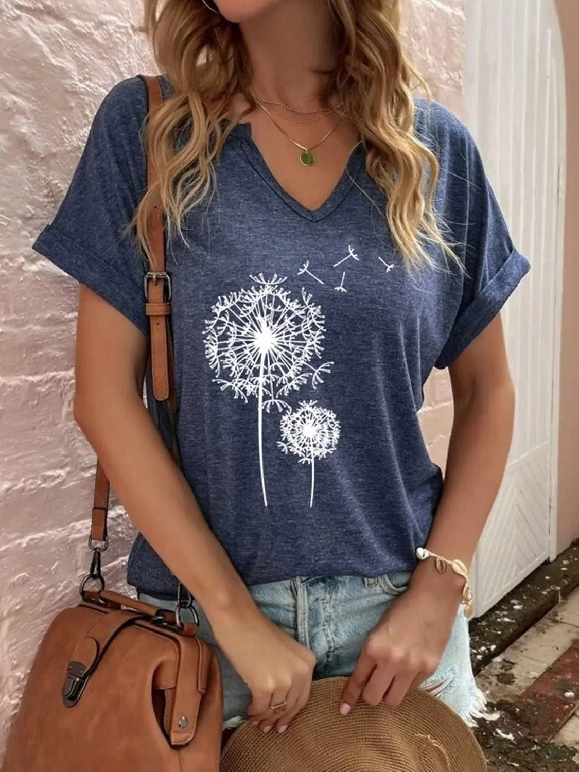 Women's Floral T-Shirts V-Neck Dandelion Sun Flower Graphic Casual Tee Boho Tops Cute Wildflowers Shirts
