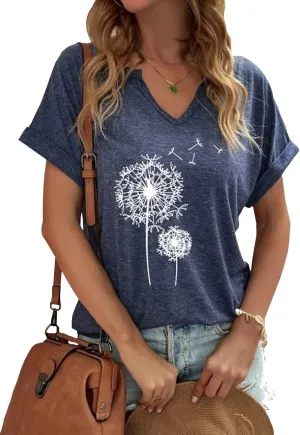 Women's Floral T-Shirts V-Neck Dandelion Sun Flower Graphic Casual Tee Boho Tops Cute Wildflowers Shirts