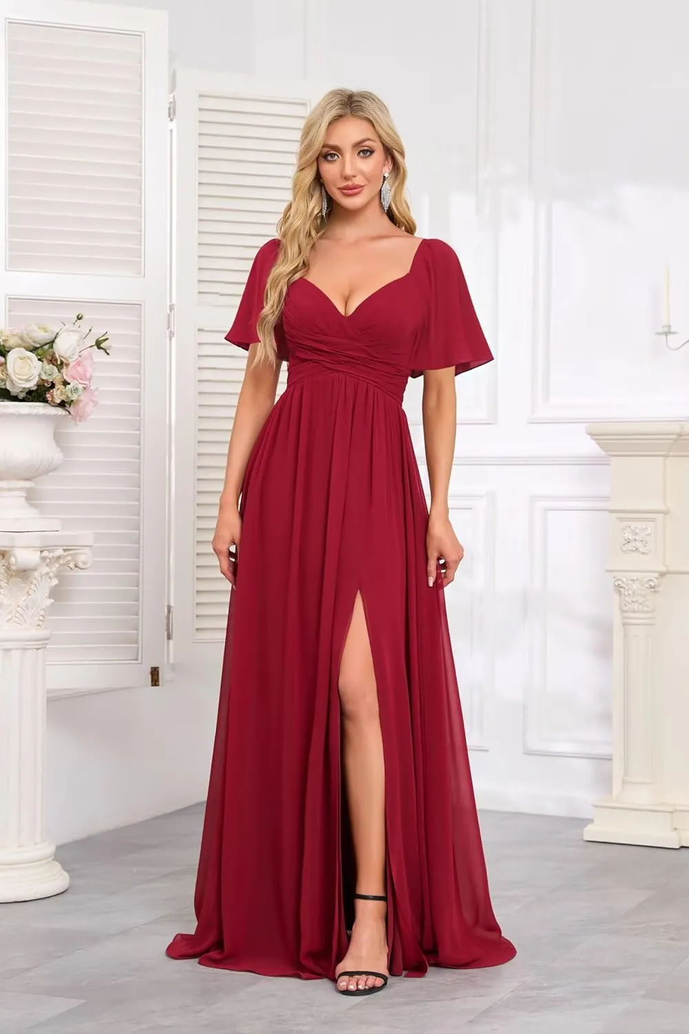 Women's Flutter Sleeves Chiffon Bridesmaid Dresses with Slit Long A Line V-Neck Formal Party Dress with Pockets