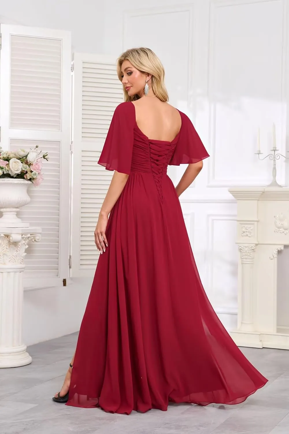 Women's Flutter Sleeves Chiffon Bridesmaid Dresses with Slit Long A Line V-Neck Formal Party Dress with Pockets
