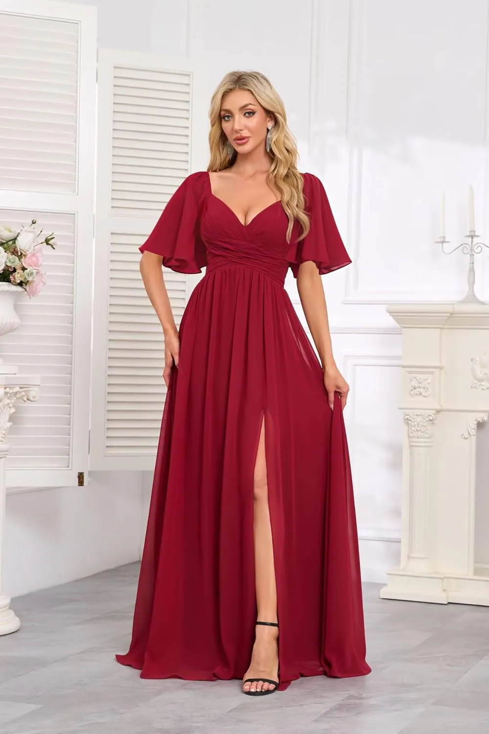 Women's Flutter Sleeves Chiffon Bridesmaid Dresses with Slit Long A Line V-Neck Formal Party Dress with Pockets