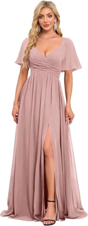 Women's Flutter Sleeves Chiffon Bridesmaid Dresses with Slit Long A Line V-Neck Formal Party Dress with Pockets