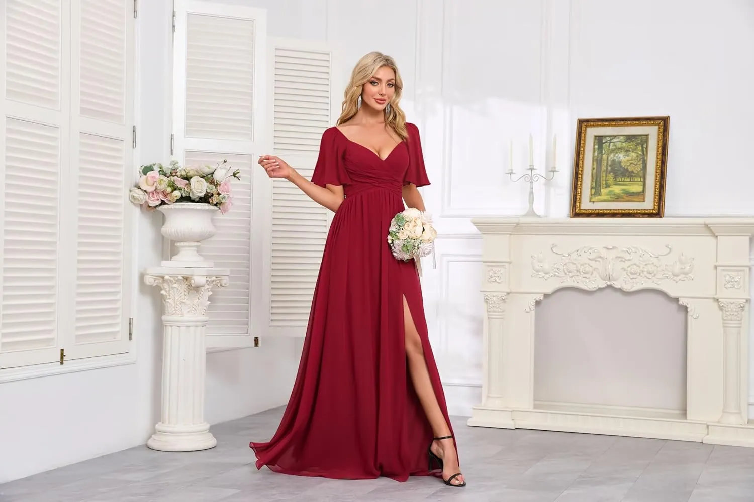 Women's Flutter Sleeves Chiffon Bridesmaid Dresses with Slit Long A Line V-Neck Formal Party Dress with Pockets