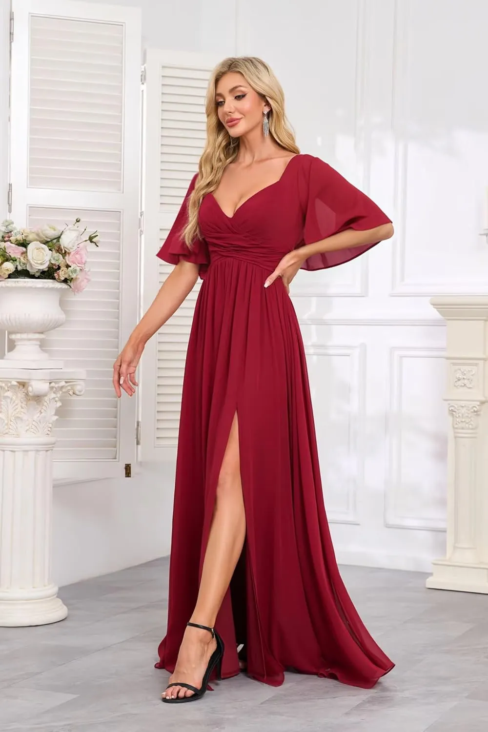 Women's Flutter Sleeves Chiffon Bridesmaid Dresses with Slit Long A Line V-Neck Formal Party Dress with Pockets