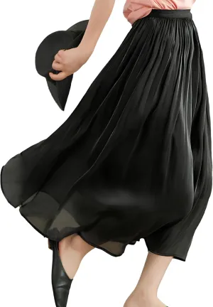 Women's High Waist Pleated A-Line Midi Skirt Double Layer Elastic Waist Shiny Swing Skirt