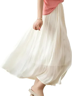 Women's High Waist Pleated A-Line Midi Skirt Double Layer Elastic Waist Shiny Swing Skirt